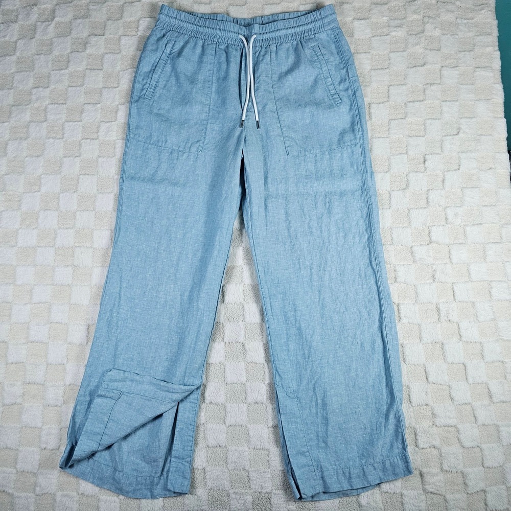 Athleta Cabo Linen Wide Leg Pants Light Blue Drawstring Pockets 851038 Size L